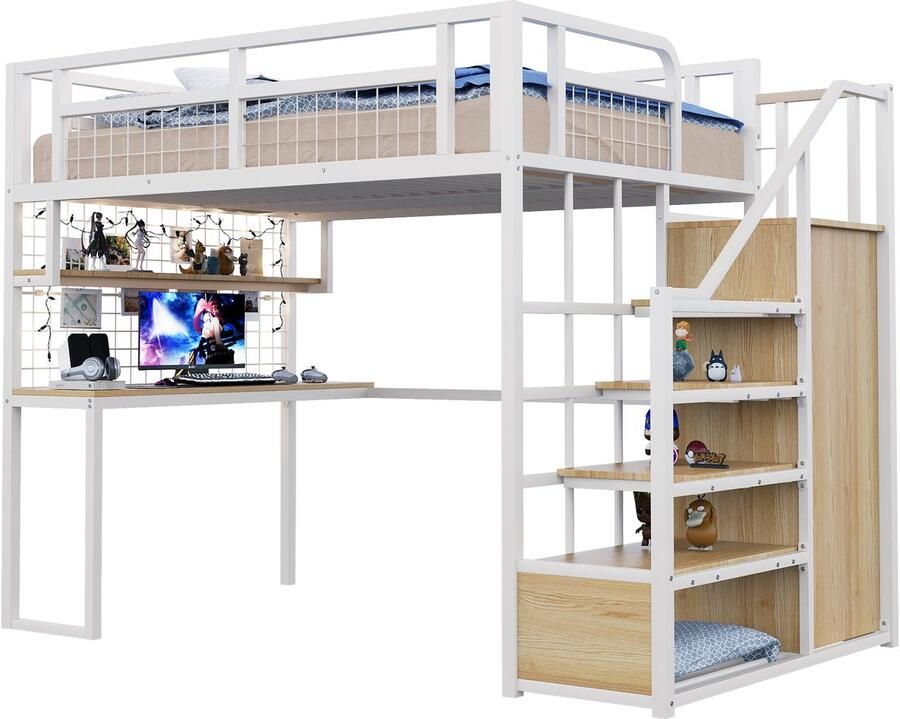 Merax Metalen Hoogslaper 140x200 cm – Hoogslaper met Bureau Opbergladder en Kledingkast – Multifunctioneel Bed met Opbergruimte en Planken – Wit