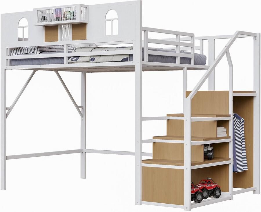 Merax Metalen Hoogslaper 140x200 cm Met Opbergleider Vensterpanelen Houten Planken en Netstructuur Verhoogde Veiligheidsrand Legplank Wit