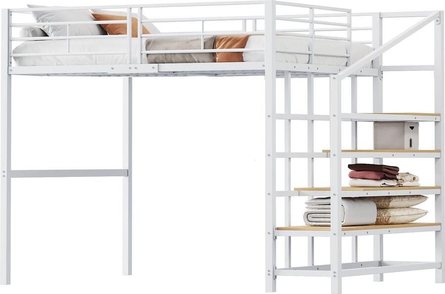 Merax Hoogslaper 140x200 cm Stabiele Metalen Constructie Met Opbergruimte Onder Bed en Trap Geschikt voor Kinderen en Volwassenen