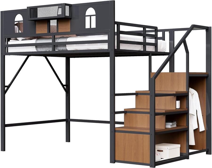 Merax Hoogslaper 140x200 cm Met Stauraumleiter Opbergruimte Veiligheidshek Ablagefläche Metaal & MDF Zwart