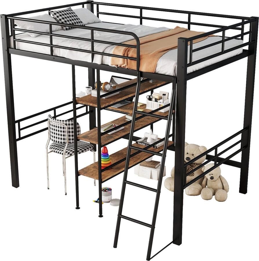 Merax Metalen Hoogslaper 90x200 cm met Bureau en Uitvalbeveiliging Eenpersoonsbed met Opbergruimte Ladder Zwart