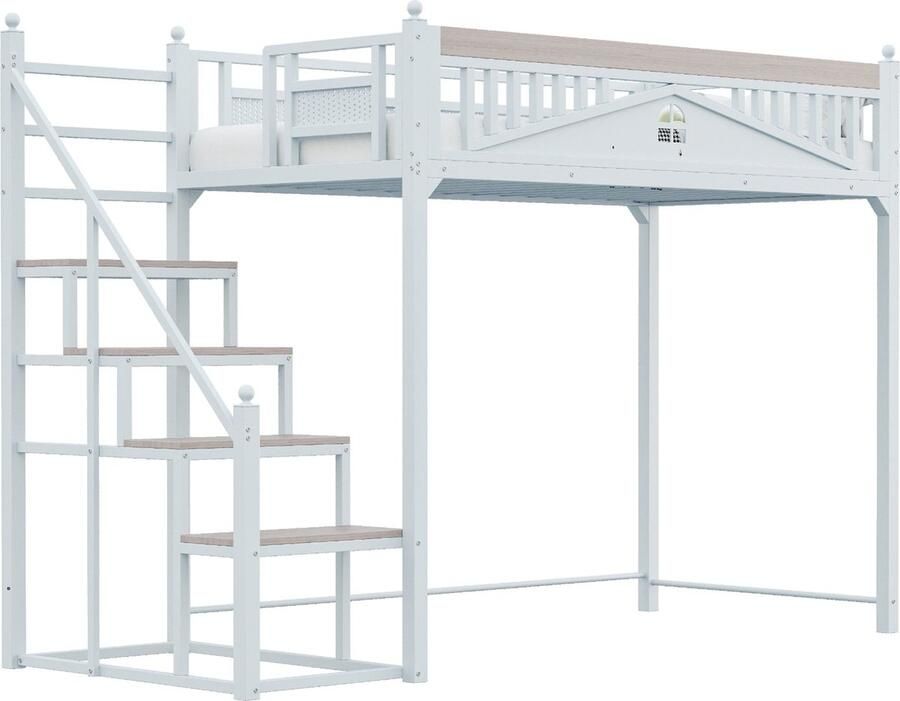 Merax Metalen Hoogslaper 90x200 cm – Wit – Met Veiligheidshek Houten Spijlen Opbergladder Verplaatsbare Trap en Uniek Design – Zonder Matras