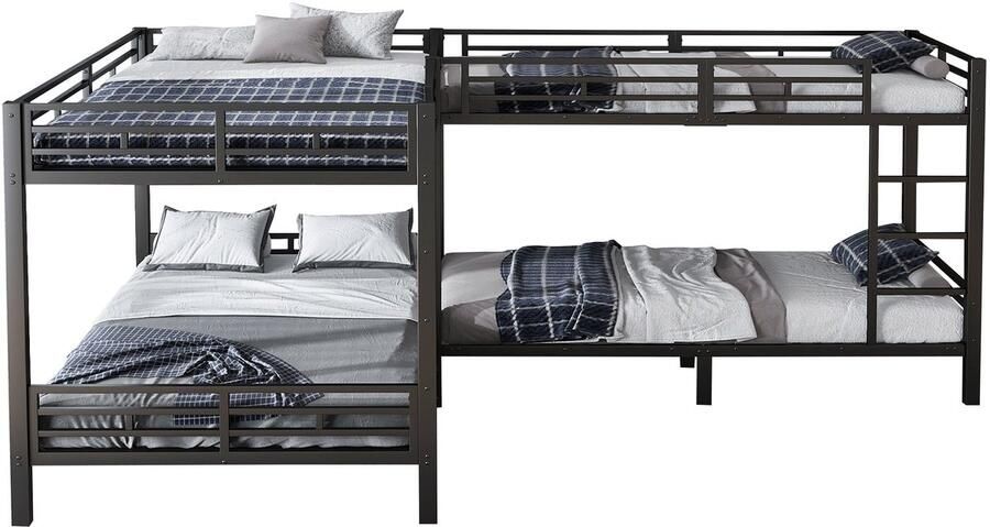 Merax Metalen Stapelbed 90x200 cm en 140x200 cm Stabiel Bed met Houten Lattenbodem Drie-traps Ladder Geschikt voor Kinderen en Volwassenen Zwart (Zonder Matras)