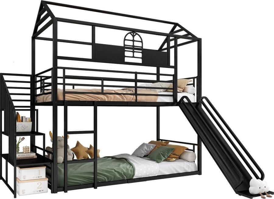 Merax Metalen Stapelbed 90x200 cm Kinderbed met Dak en Raam Eenpersoonsbed Hoogslaper met Glijbaan en Uitvalbescherming Zwart