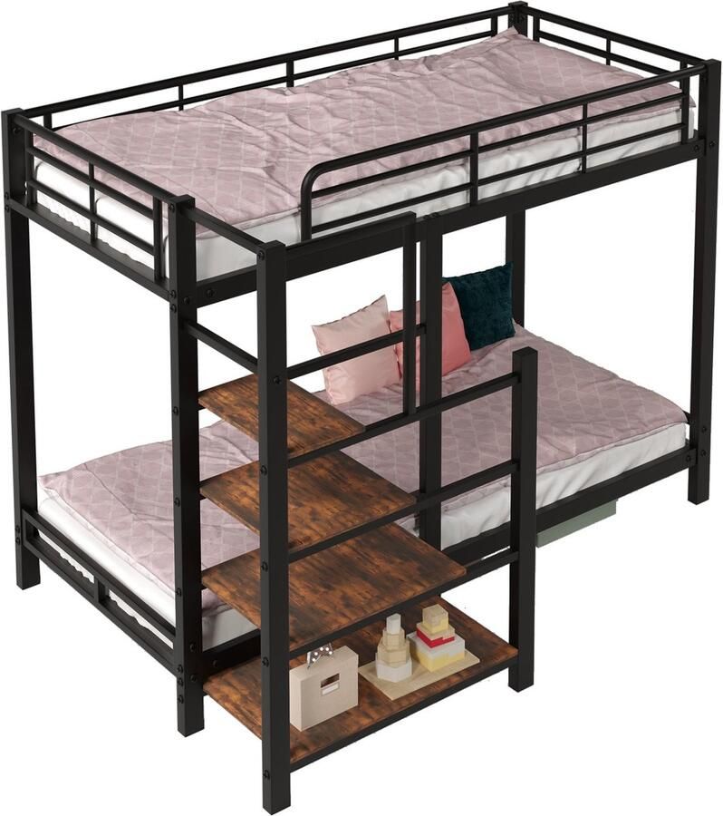 Merax Metalen Stapelbed 90x200 cm Kinderbed van met Plankladder EN747 Gecertificeerd Hoogslaper Bed Zwart