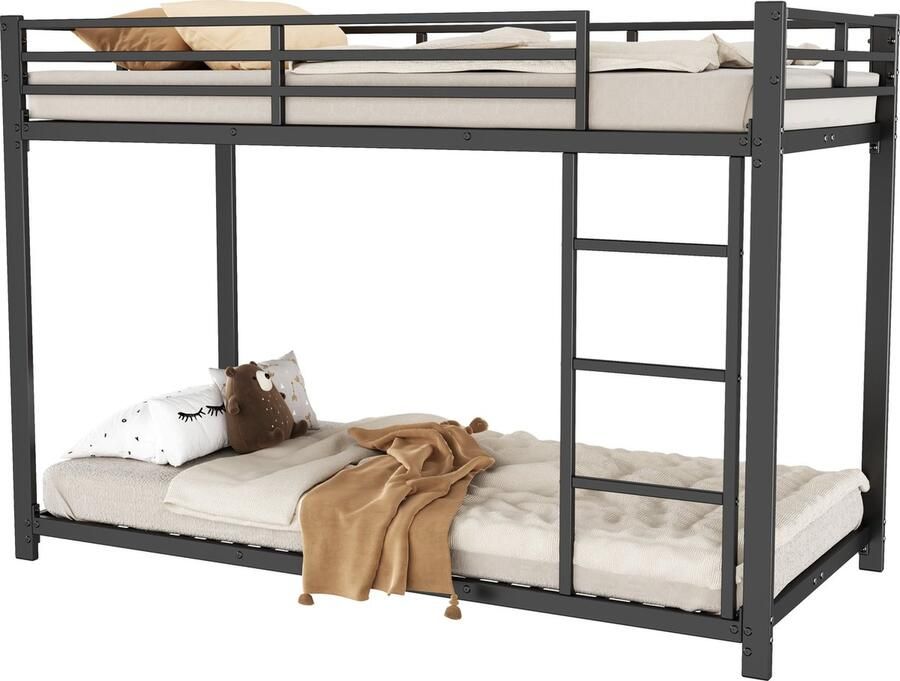 Merax Metalen Stapelbed 90x200 cm met Uitvalbeveiliging Duurzaam Stalen Eenpersoonsbed voor 2 Personen Zwart