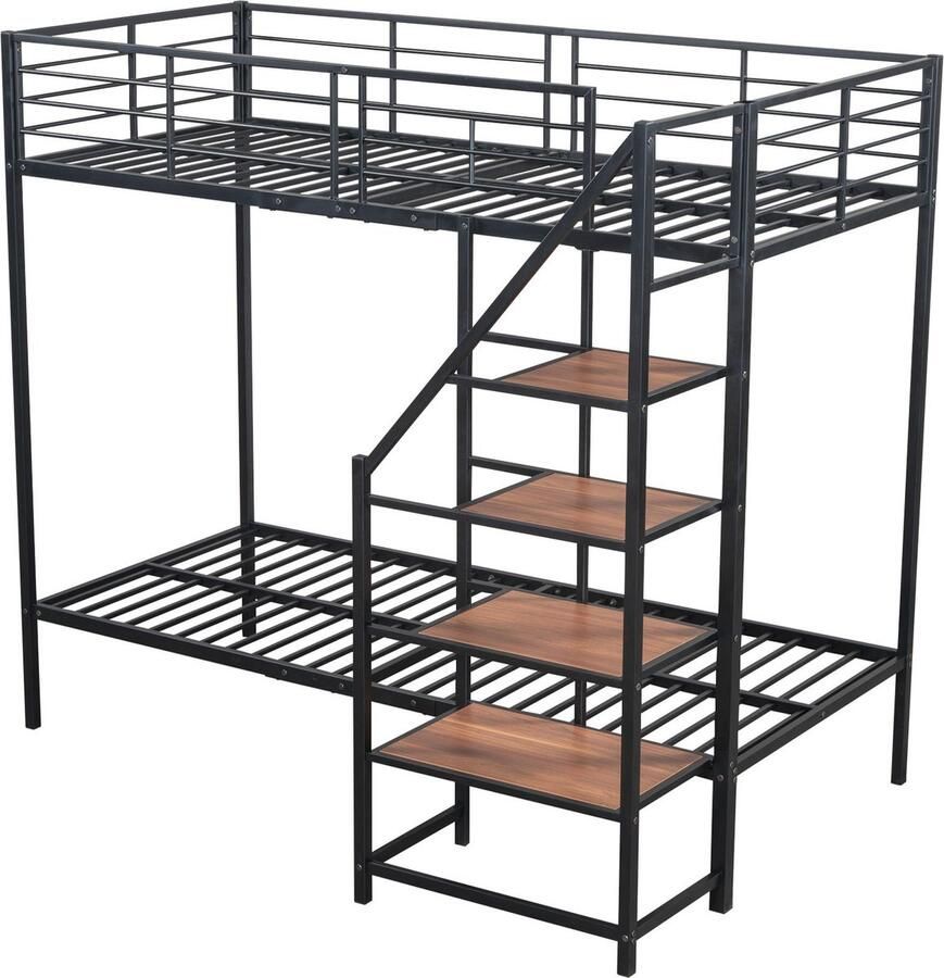 Merax Metalen Stapelbed 90x200 cm met Uitvalbeveiliging en Stevige Trap Bed voor 2 Personen Zwart