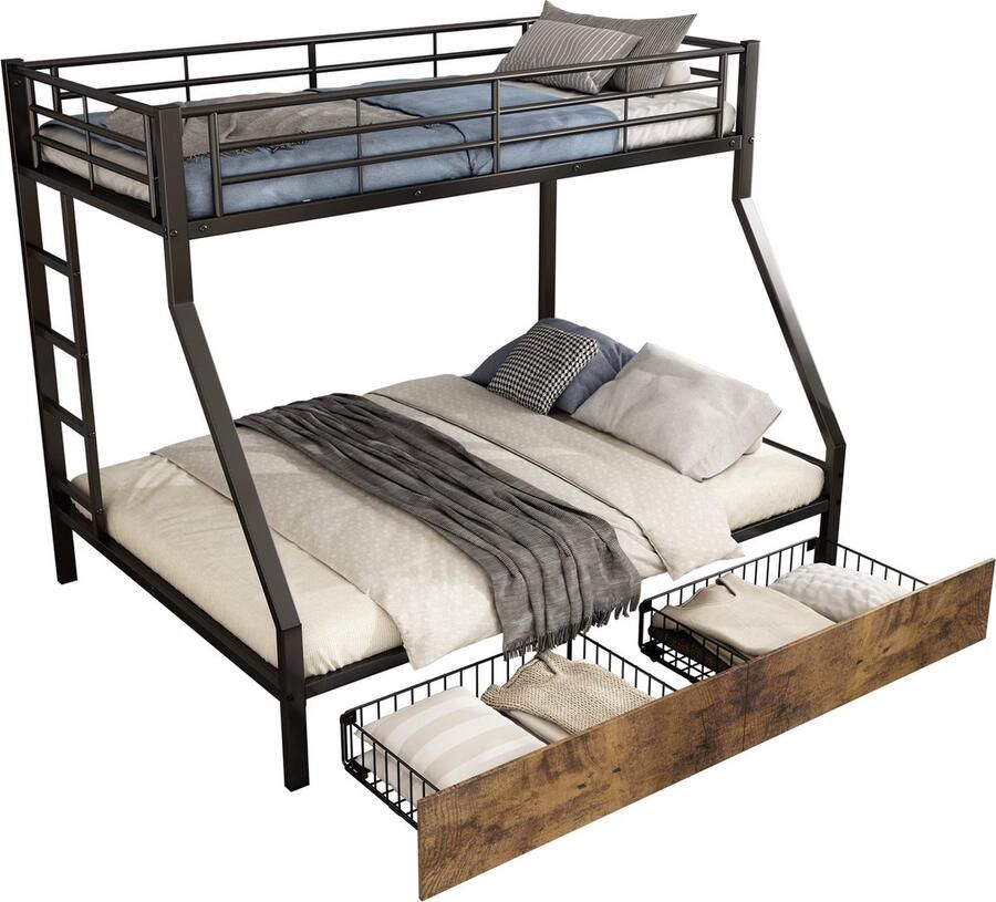 Merax Metalen Stapelbed met 2 Opberglades Tweepersoonsbed 140x200 cm met Hoogslaper Eenpersoonsbed Zwart met Vintage Bruine Houtkleur