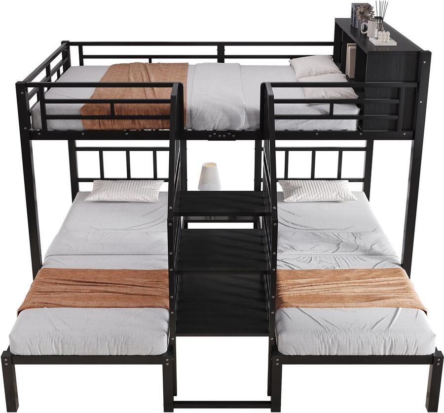 Merax Metalen Stapelbed met Drie Slaapplaatsen Veilige Trap met Leuningen Bovenbed met Opbergruimte Stevig Bedframe Zwart 90x200cm-140x200cm