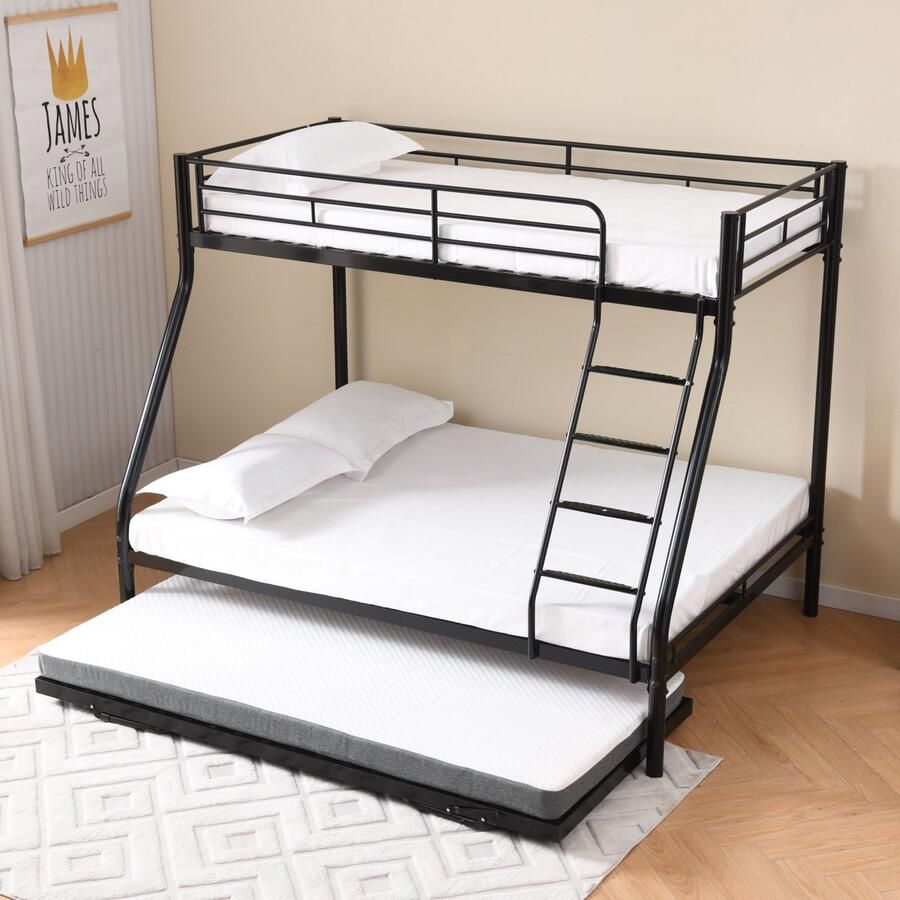 Merax Metalen Stapelbed met Uittrekbaar Logeerbed – 3-in-1 Bed voor Volwassenen & Tieners – Veilig Hoogslaper met Valbescherming en Antislip Ladder – 98x200 138x200 cm – Zwart