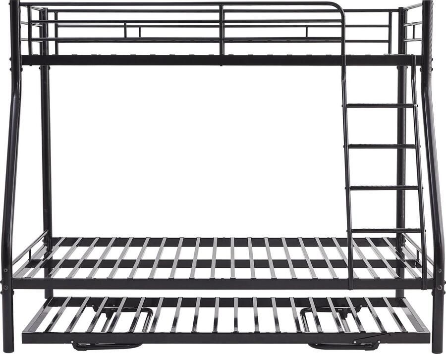 Merax Metalen Stapelbed met Uittrekbaar Logeerbed – 3-in-1 Bed voor Volwassenen & Tieners – Veilig Hoogslaper met Valbescherming en Antislip Ladder – 98x200 138x200 cm – Zwart - Foto 2