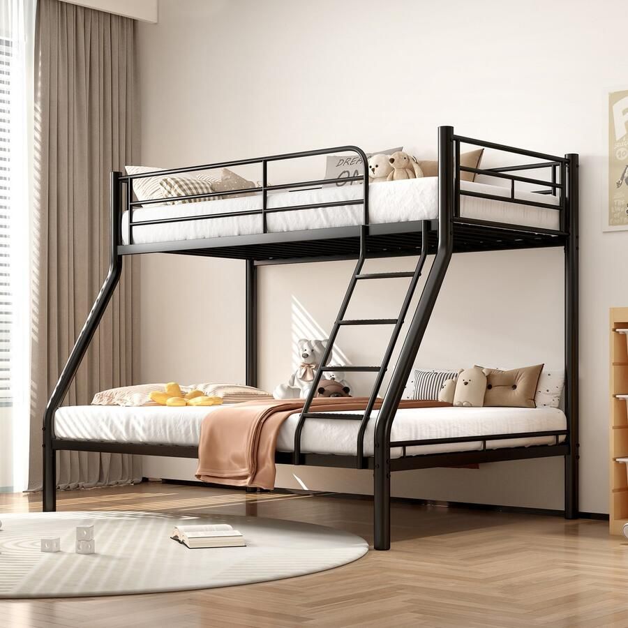 Merax Metalen stapelbed voor tieners hoogslaper met hoge reling bovenbed 98x200cm onderbed 137x200cm zwart