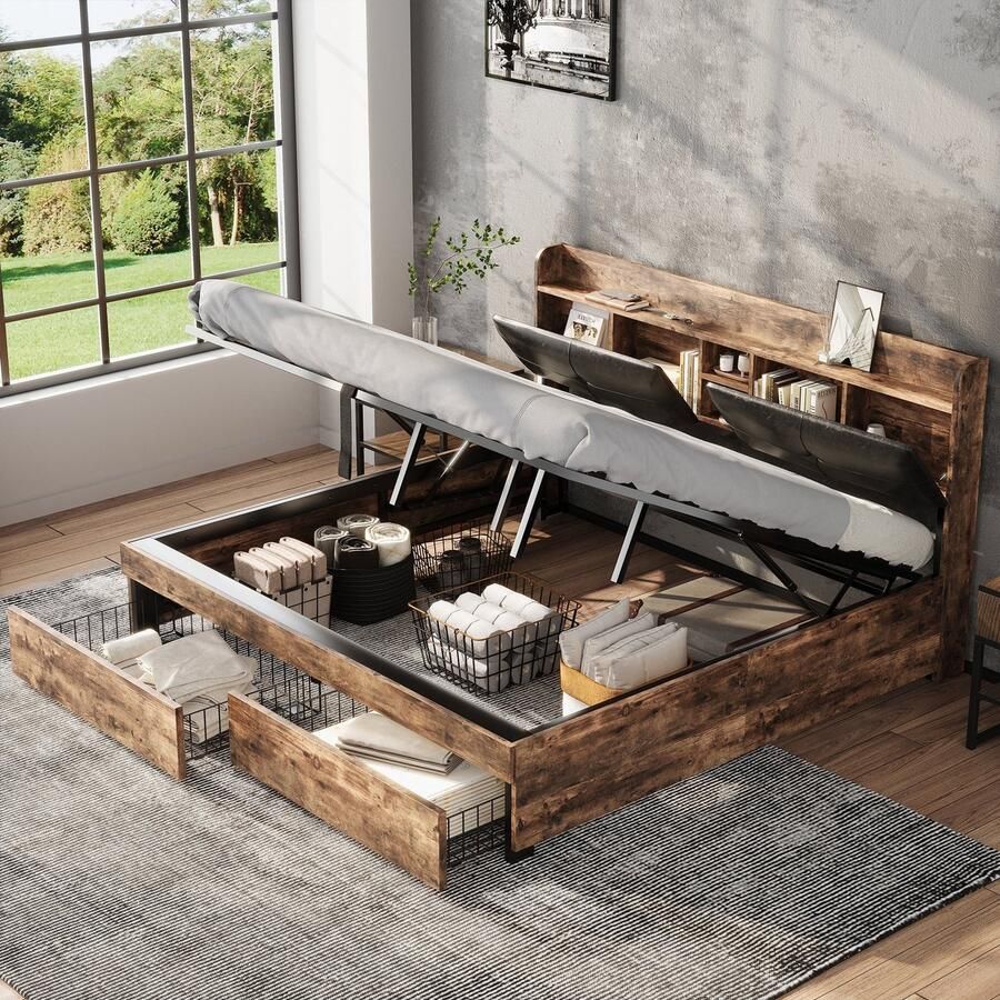 Merax Metallbett 180 x 200 cm Hydraulikbett Jugendbetten Doppelbett mit Stauraum-Kopfteil und Metall Lattenrost Ohne Matratze Für Erwachsene Kinder Jugendliche Holzfarbe+Schwarz[OLD SKU:31941789AAA]