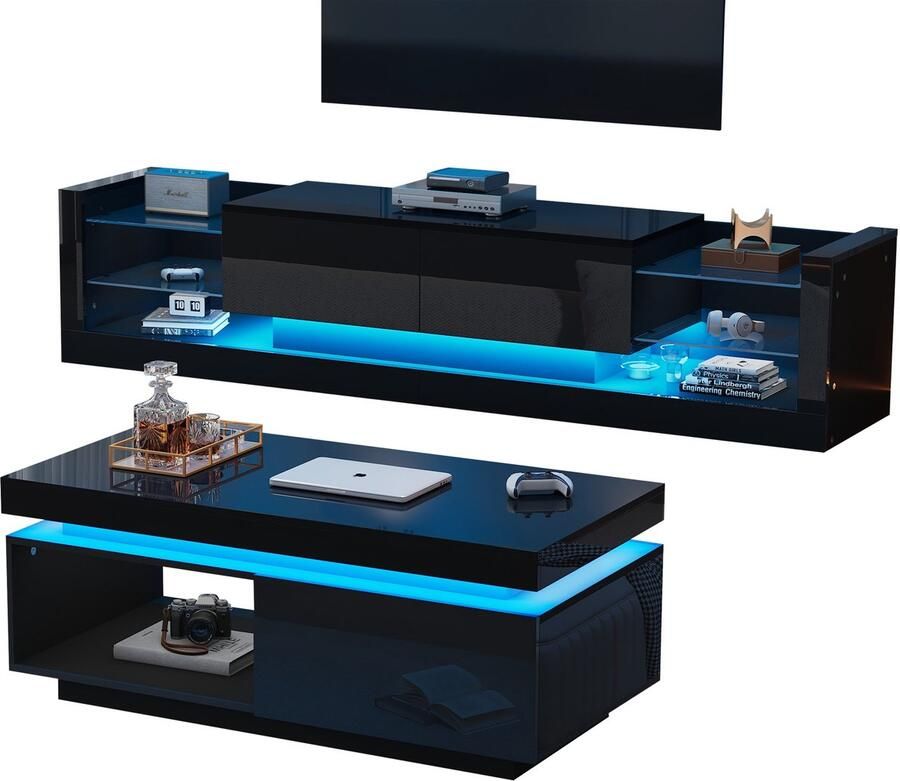 Merax woonkamermeubel set zwart – hoogglans tv-meubel 181 cm + salontafel + wandkast – met LED-verlichting – modern design