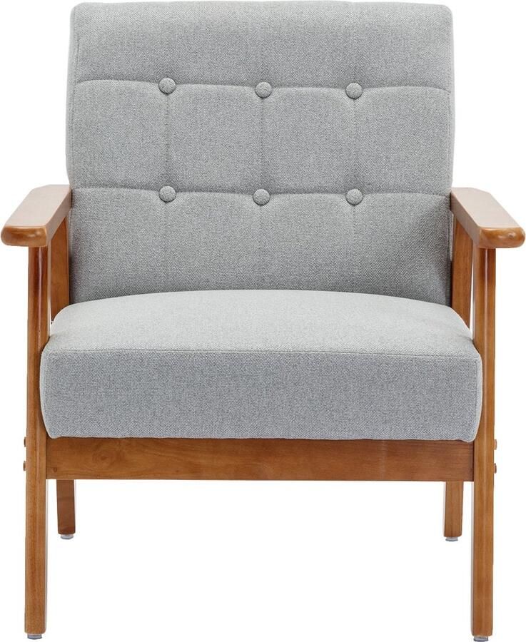 Merax Mid-Century Moderne Accentstoel Grijze Linnen Loungestoel met Massief Houten Armleuning en Poten Ergonomisch Ontwerp Voor Woonkamer Slaapkamer en Studio