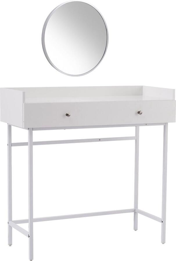 Merax Minimalistische Kaptafel met Spiegel en 1 Lade – 95x40x93 cm Witte Make-uptafel met 4 Metalen Poten