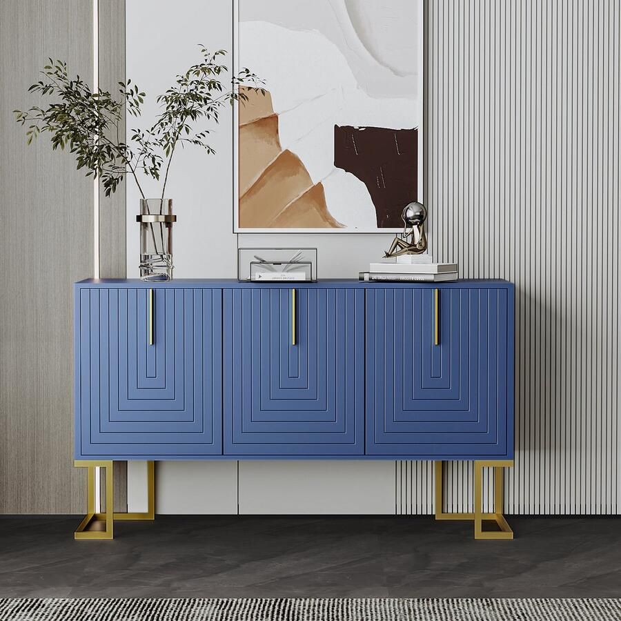 Merax Modern 3-deurs dressoir met verstelbare planken U-vormige kastdeuren en metalen handgrepen en voet marineblauw