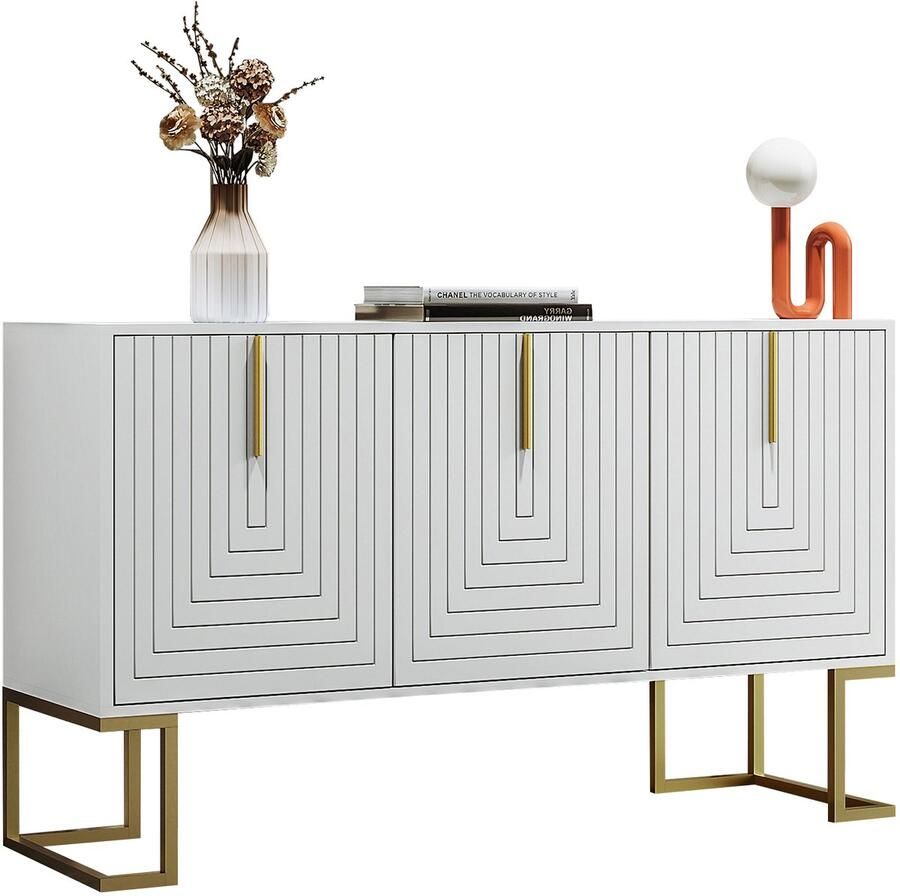 Merax Modern 3-deurs dressoir met verstelbare planken U-vormige kastdeuren en metalen handgrepen en voet wit