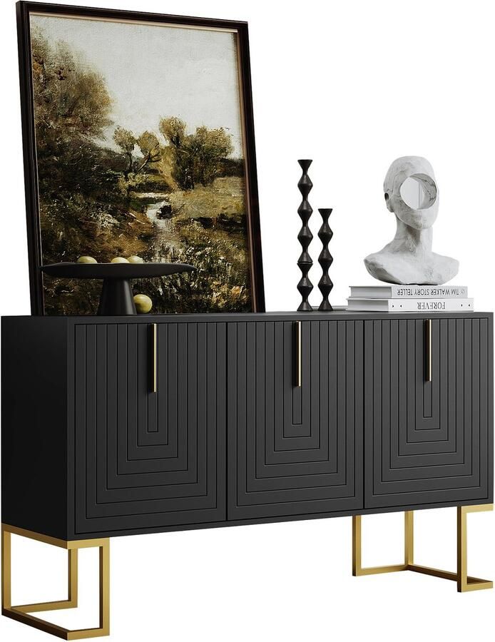 Merax Modern 3-deurs dressoir met verstelbare planken U-vormige kastdeuren en metalen handgrepen en voet zwart