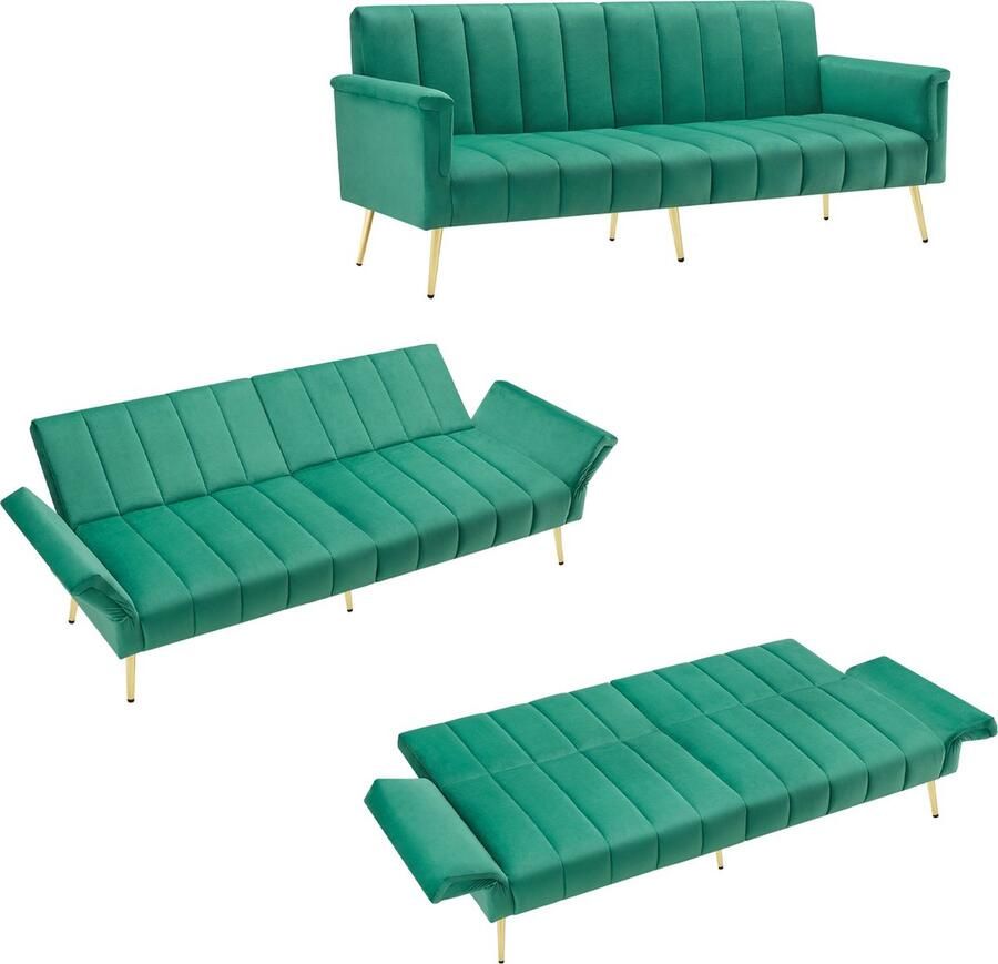 Merax Luxe Slaapbank – Groen Fluweel met Gouden Poten – 2 Zits Bankstel met Verstelbare Rugleuning en Armleuningen – 183 cm - Foto 3