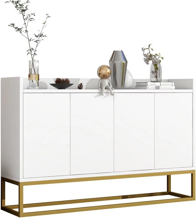 Merax Modern Wit Sideboard – 120 cm Buffetkast met 4 Deuren Push-to-Open Systeem Verstelbare Planken en Metalen Frame – Minimalistisch Design voor Woonkamer Hal of Keuken