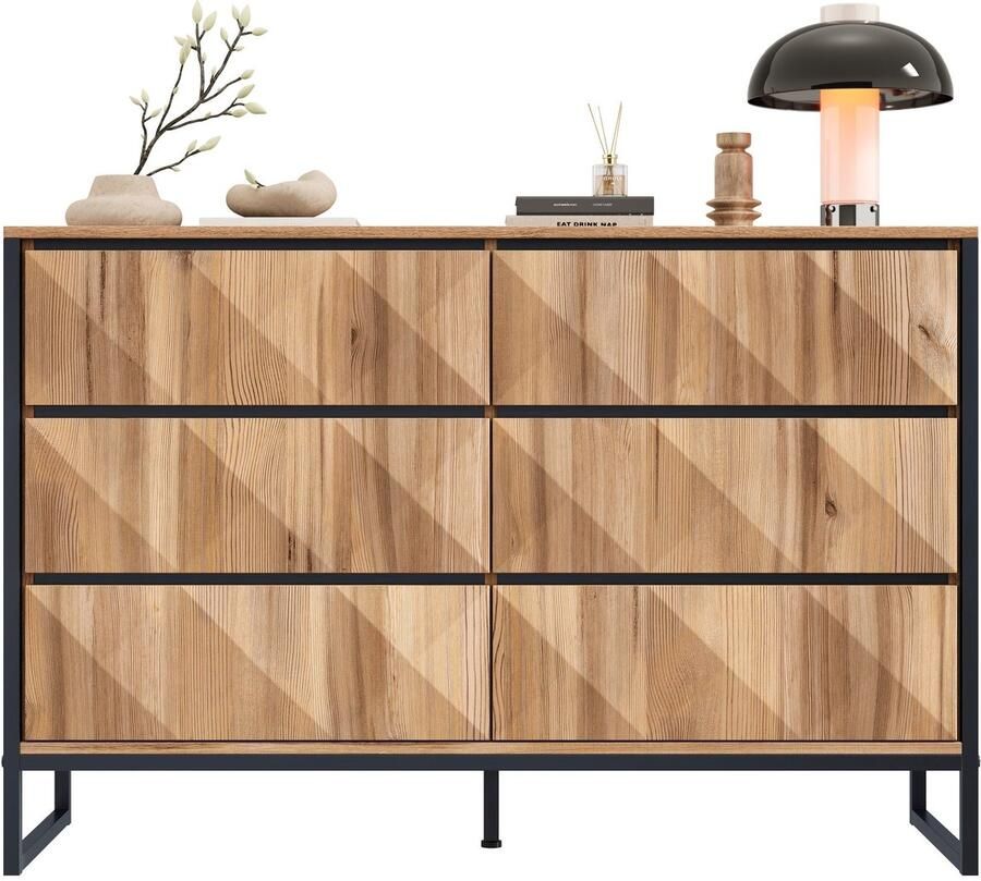 Merax Sideboard Modern Dressoir 120x40x80 cm Zwart & Houtkleur Met 6 Ladeopslag Industrieel Metaal Frame
