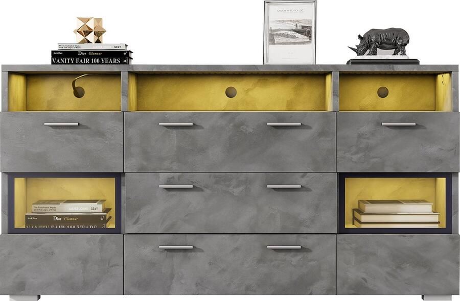 Merax Modern Sideboard 140 cm Grijs met LED-Verlichting en Transparante Acrylturen 2 Deuren 3 Lades en Open Opbergruimte Onderkast Stauschrank Sideboard