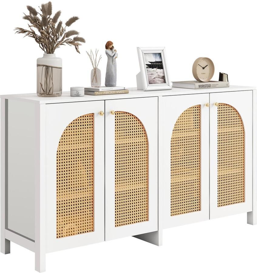 Merax Modern Dressoir 4-Deurs Buffetkast met Rattan Deuren en Metalen Handgrepen Opbergkast Wit 145x40x80 cm