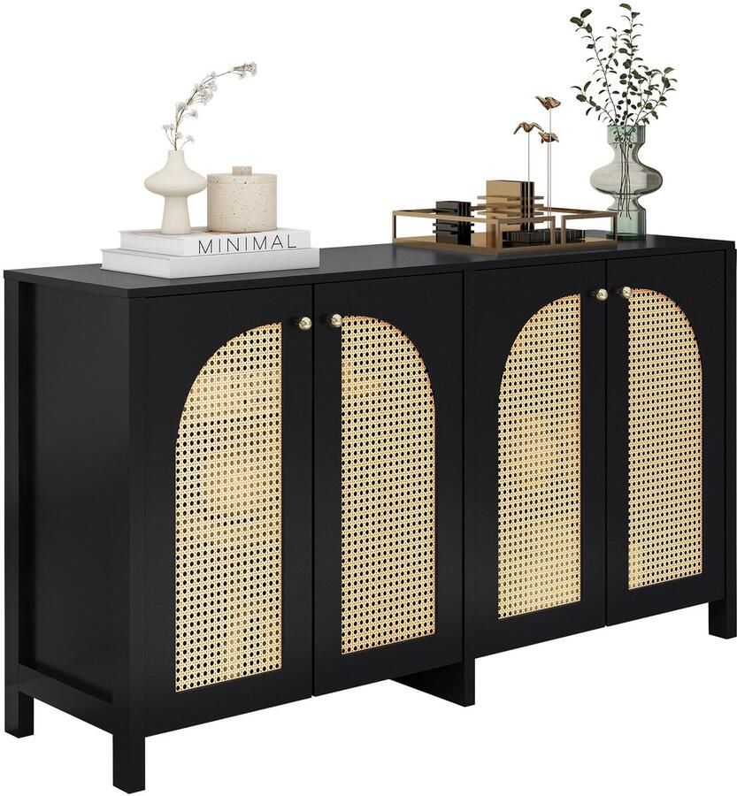 Merax Modern Dressoir 4-Deurs Zwart Sideboard met Rotan Deuren en Metalen Handgrepen Buffetkast 145x40x80 cm Opbergkast Woonkamer Eetkamer
