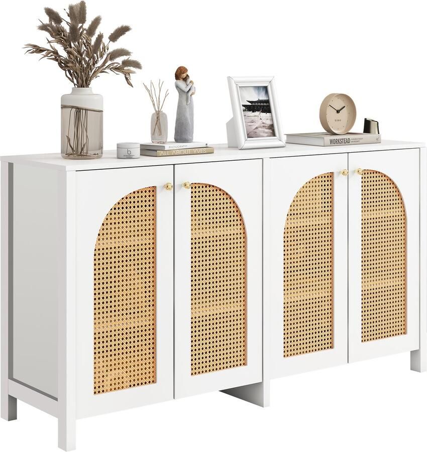 Merax Modern dressoir in minimalistische stijl 4-rotan deur metalen handvat eenvoudige buffetkast wit
