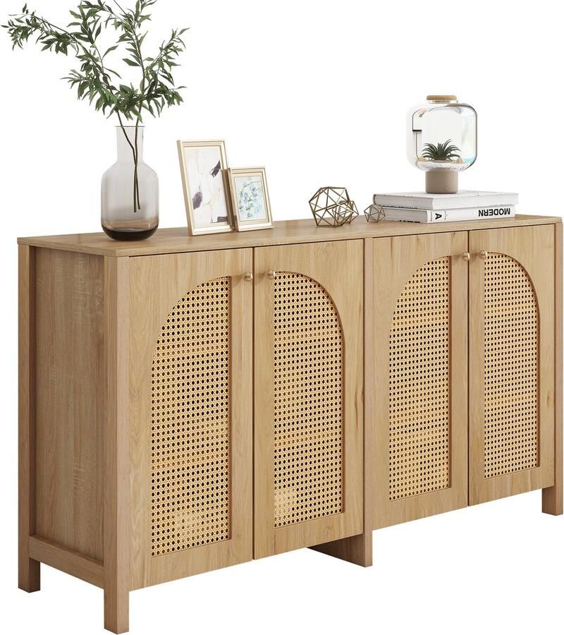 Merax Modern dressoir in minimalistische stijl 4-rotan deur metalen handvat eenvoudige buffetkast houtkleur