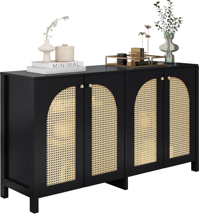 Merax Modern dressoir in minimalistische stijl 4-rotan deur metalen handvat eenvoudige buffetkast zwart