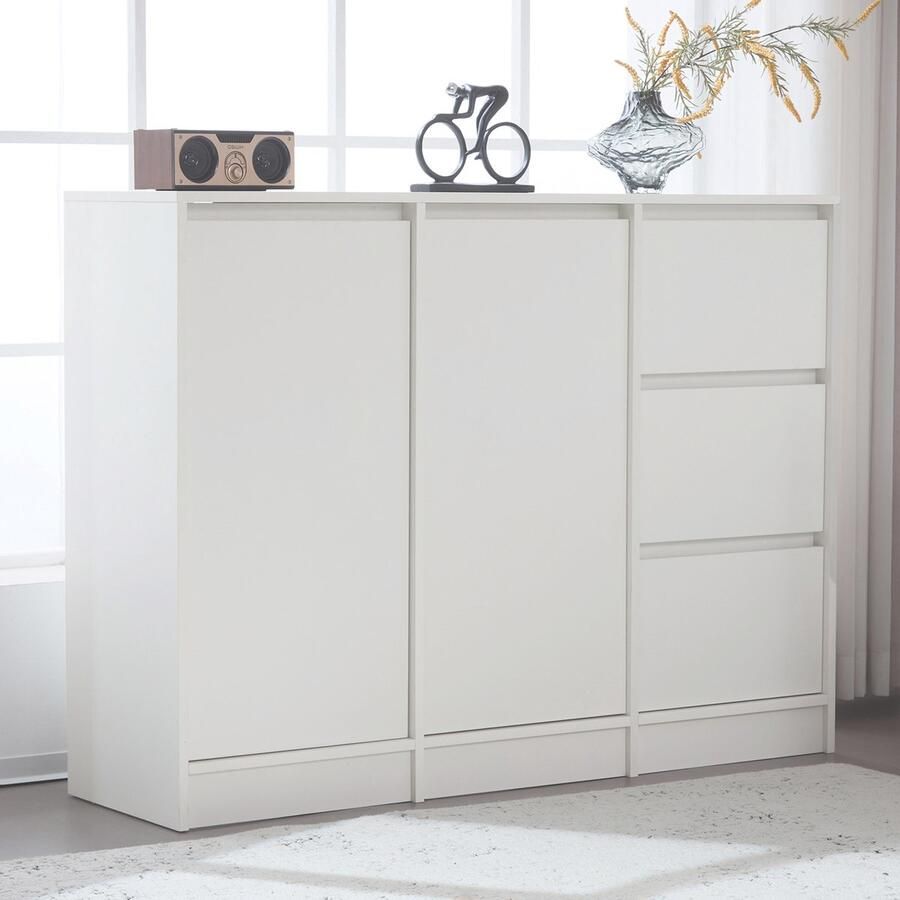 Merax Modern dressoir ladekast schoenenkast met veel opbergruimte twee deuren en drie lades met een verstelbare plank wit 120x90x35 cm