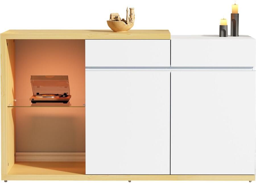 Merax Modern Dressoir met Smart RGB LED Verlichting 2 Deuren 2 Lades – 120x40x70 cm – Opbergkast Wit en Eiken voor Woonkamer en Eetkamer
