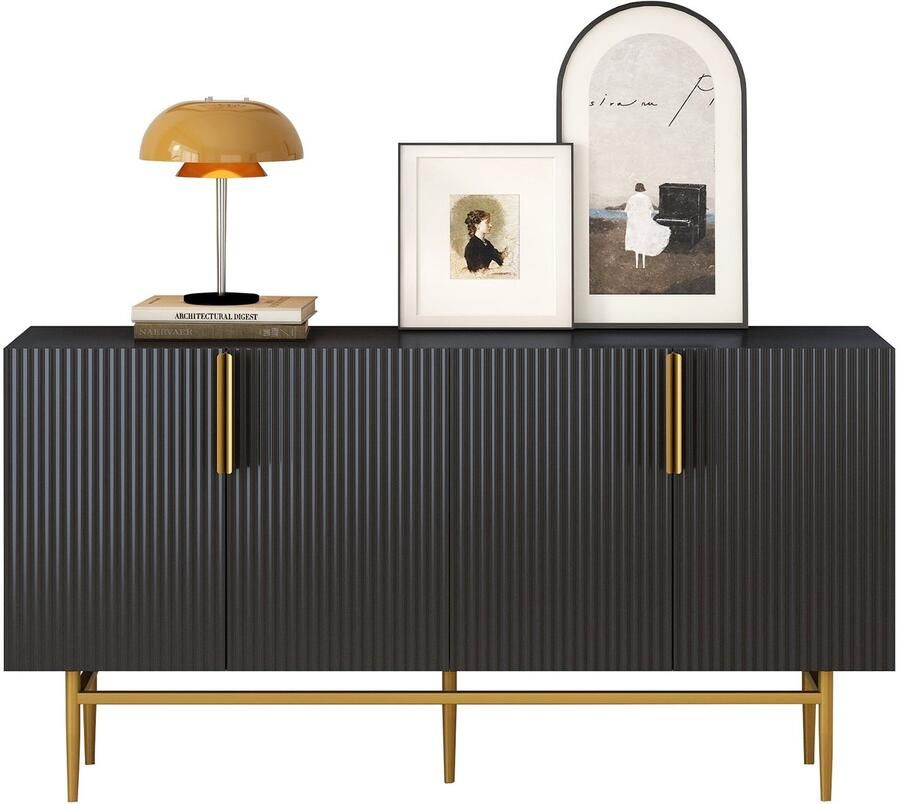 Merax Modern Dressoir – Zwart Sideboard met 4 Deuren – Gouden Handgrepen & Metalen Poten – 152 5x40 5x80 cm – Buffetkast met Verstelbare Legplanken voor Woonkamer – Eetkamer of Hal