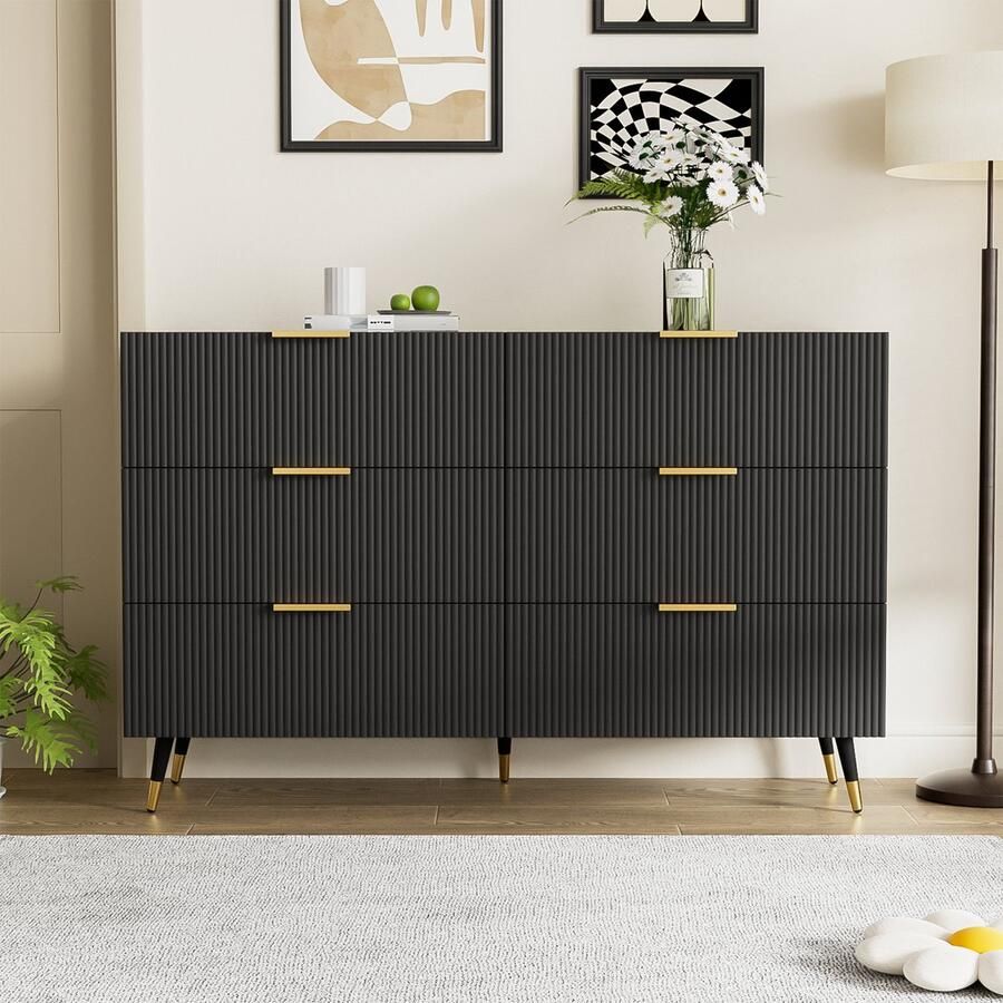Merax Modern Dressoir Zwart met Gouden Accenten 6 Lades Golvende Textuur – 120x40x77 cm – Opbergkast voor Woonkamer Slaapkamer en Eetkamer