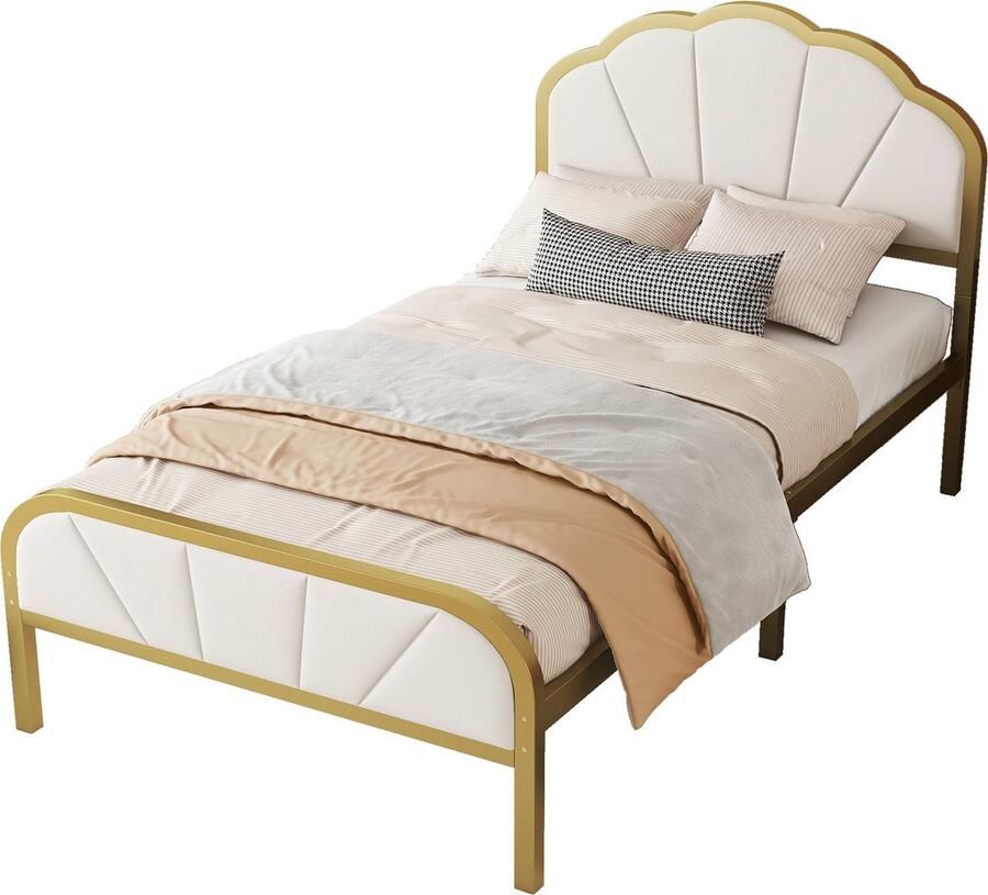 Merax Modern Eenpersoonsbed 90x200 cm Bed met Gouden IJzeren Frame Luxe Bed in Minimalistisch Design met Wolkachtig Hoofdbord Goud met Wit