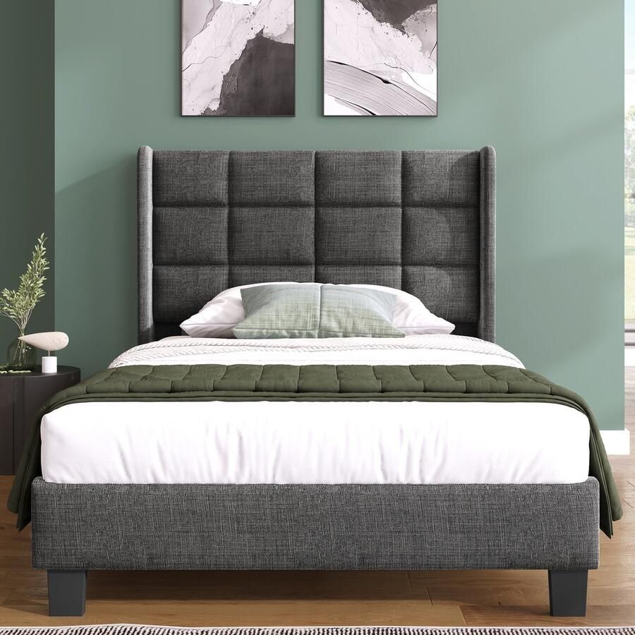 Merax Modern Enkelbed 90x200cm Gepolst kopstuk linnen grijs lattenbodem (zonder matras)