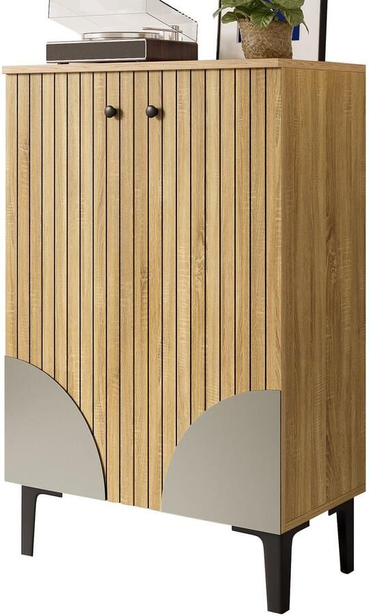 Merax Modern Houten Schoenenkast met Deuren Compacte Schoenen Organizer met Planken & Zwart Metalen Frame Opbergmeubel voor Hal Woonkamer & Kleine Ruimtes