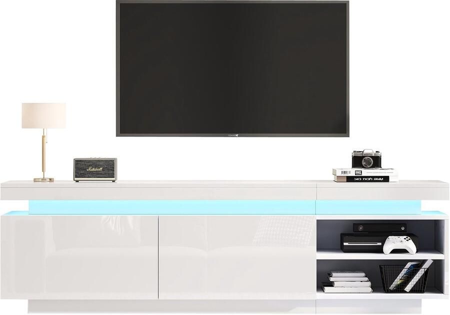 Merax Modern Lowboard TV-Kast met LED-Verlichting Geschikt voor 75 Inch TV s Opslagruimte en Kabelmanagement Wit