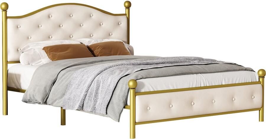 Merax Modern Metalen Bedframe 140x200 cm – Stabiel Bed met Lattenbodem en Hoofdbord – Goudkleurig