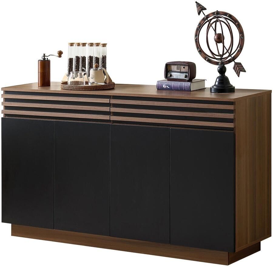 Merax Modern Sideboard 150 x 40 x 85 cm – Dressoir in Houtlook met Zwarte Deuren 2 Lades & 4 Deuren – Veel Opbergruimte voor Woonkamer Eetkamer of Keuken