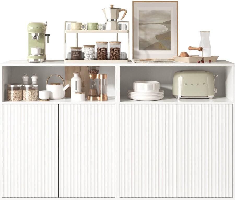 Merax Modern Sideboard – 70x35x90 cm – Witte Opbergkast met Magnetische Deuren – Buffetkast & Dressoir voor Woonkamer Keuken of Hal – MDF Kast met 4 Deuren & Veel Opbergruimte