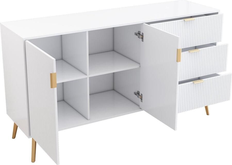 Merax Modern Sideboard met Vergulde Benen en Grepen Dressoir Gecapitonneerd Afgeronde Hoeken 7 Vakken – 140x40x78 cm – Wit