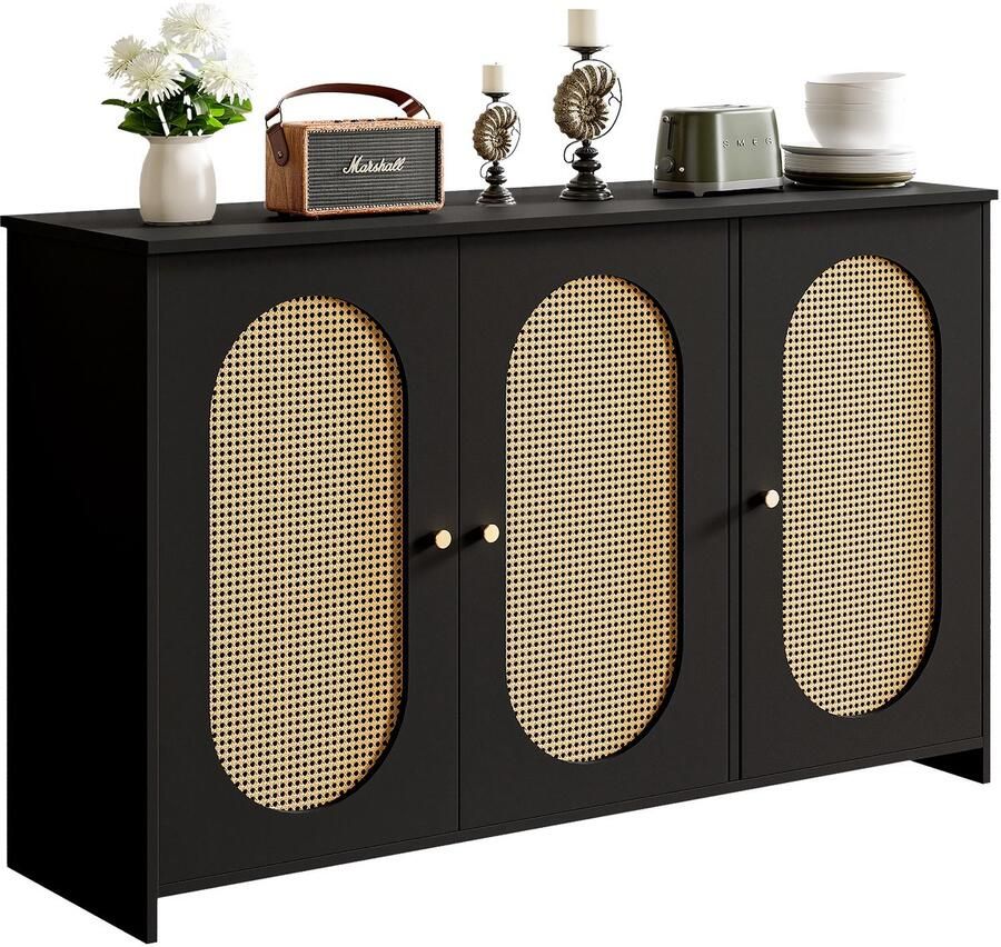 Merax Modern stijlvol dressoir met 3 deuren kunstmatige rotan deuren en metalen handgrepen zwart