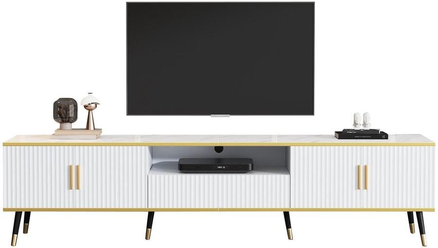 Merax Modern TV-Meubel 200 x 40 x 46 cm – Witte TV-Kast met Marmerlook Gouden Accenten en Opbergruimte – Geschikt voor TV s tot 90 inch – Luxe Design