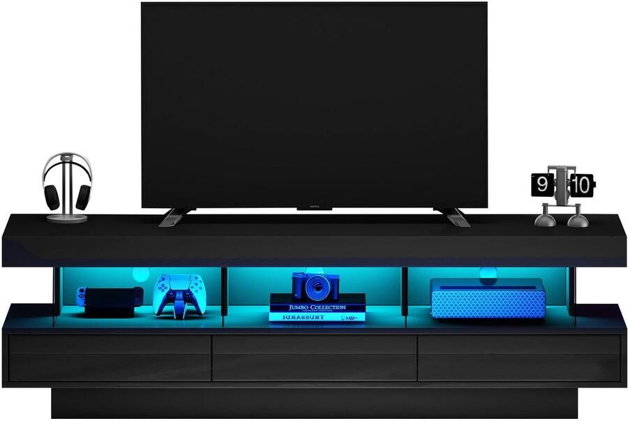 Merax Modern TV-Meubel 70 Inch TV Kast met LED-Verlichting Bluetooth en App-bediening Zwart Hoogglans - Foto 2