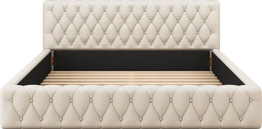 Merax Modern Tweepersoonsbed 140x200 cm Fluweel Gestoffeerd Bed Beige