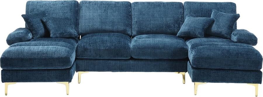 Merax Modern U-vorm Hoekbank Chenille met Dubbele Liggedeeltes en Gouden Metalen Poten – Stijlvolle 4-Zits Bank voor Woonkamer Slaapkamer of Kantoor – Blauw