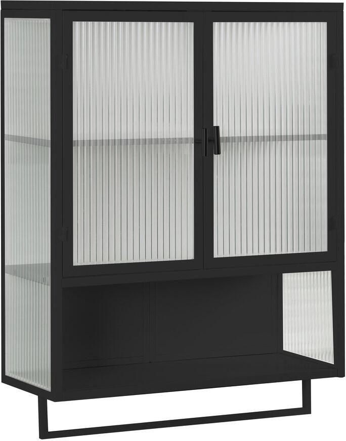 Merax Modern Wandkast 60 cm 2-Deurs Glasdeur Open Plank Handdoekrek Zwart Voor Hal Woonkamer Badkamer Eetkamer